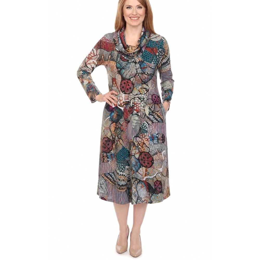 Inoah Art to Wear Lagenlook Cowl Neck Ladybug Midi Dress S